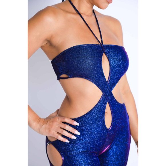 Boutique Pants - Women's Sleeveless Glittery Cutout Halter Neck Keyhole Sexy Party Jumpsuit